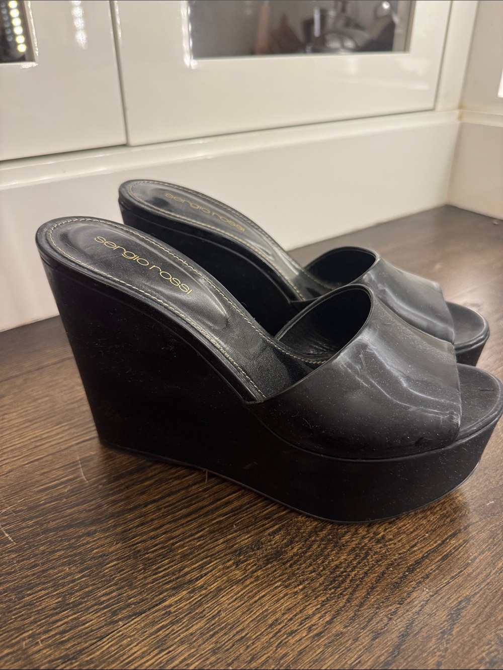 Sergio Rossi Black Platform Wedge Slides